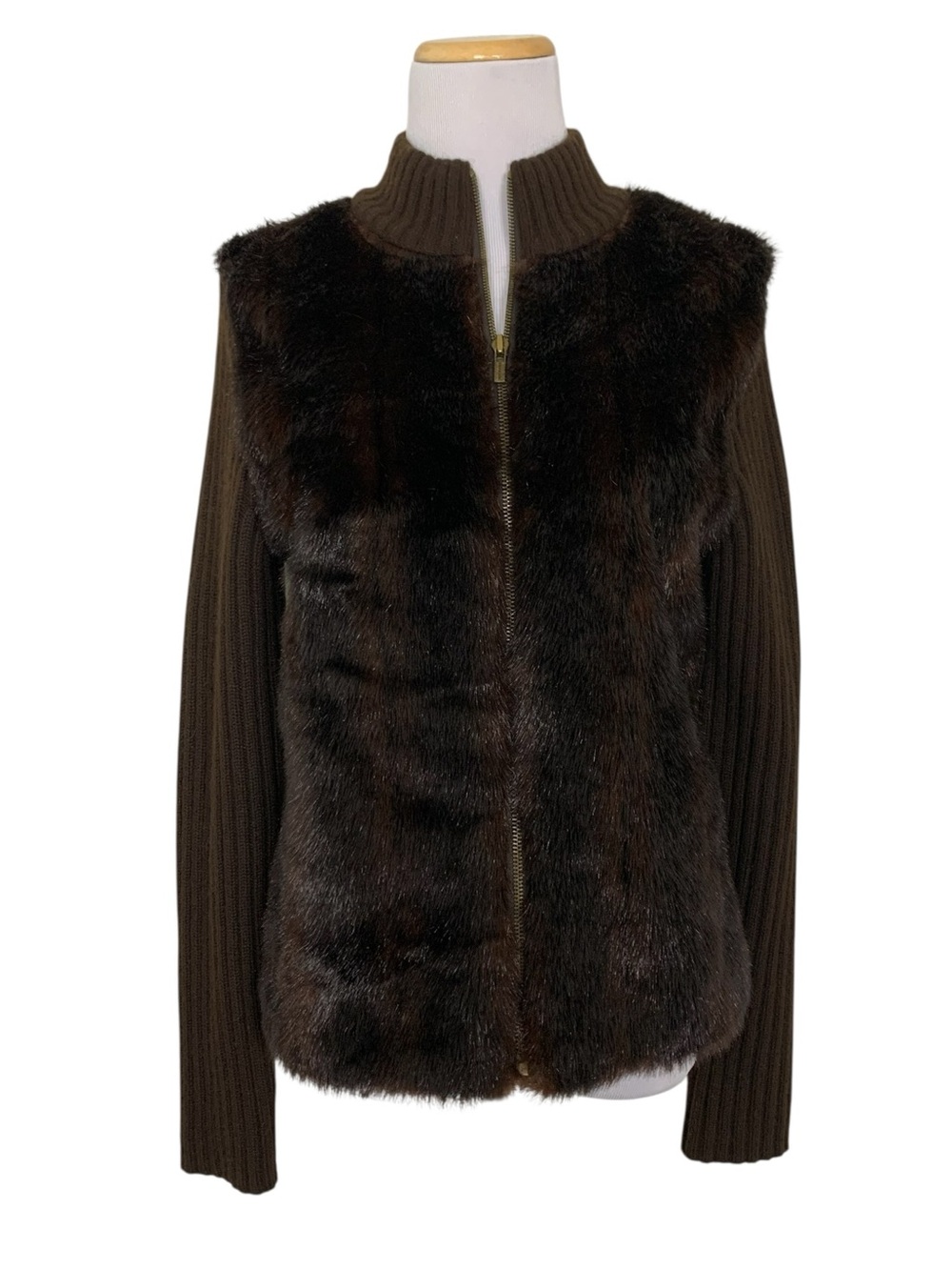 Jones New York Signature Faux Fur Ribbed Full Zip Knit Angora Jacket Womens S
